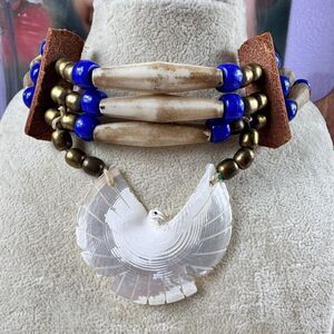 Vintage Carved Mother Of Pearl Thunderbird Choker Necklace